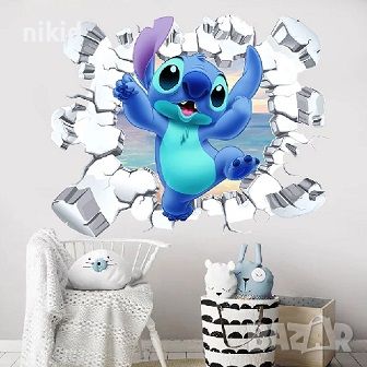 Стич Stitch излиза от дупка в стена стикер лепенка за стена детска стая самозалепващ, снимка 1