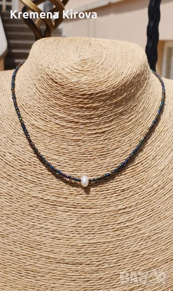 Чокър с перла, чешки мъниста цвят хамелеон и стомана, снимка 1