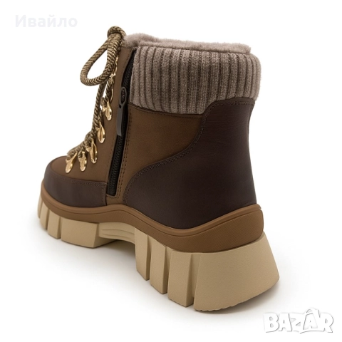 Дамски кафяви боти от еко кожа с дебела подметка и плетена яка, снимка 4 - Дамски боти - 52368156