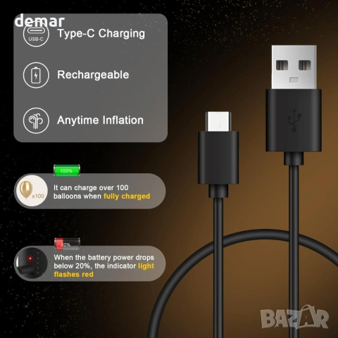 PlusFive Безжична електрическа помпа за балони, 2000mAh, 3 дюзи, снимка 3 - Други стоки за дома - 53647311