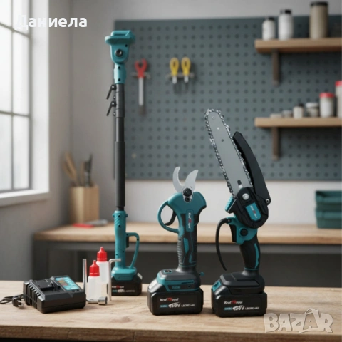 Комплект 3 в 1 от акумулаторна лозарска ножица, акумулаторен мини верижен трион и телескопичен прът