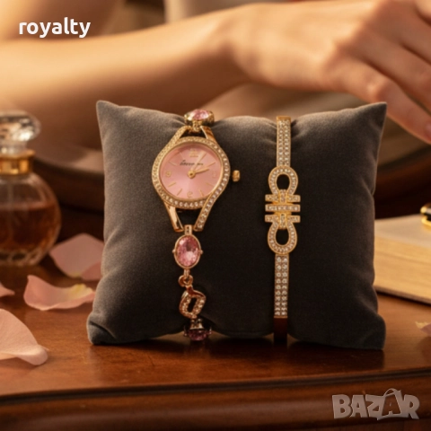 Луксозен дамски сет: часовник с кристали + гривна – в подаръчна опаковка, снимка 3 - Дамски - 52122332