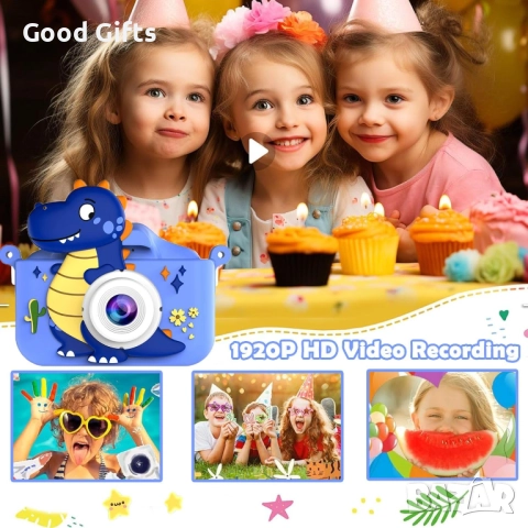 Детска дигитална камера с динозавър – Dual камера отпред и отзад, 1080P видео, 32GB карта, игри и ра, снимка 3 - Фотоапарати - 52937522