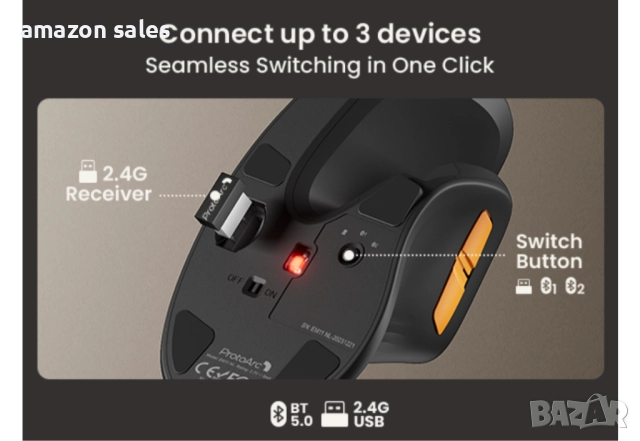 ProtoArc Ергономична мишка EM11 NL Bluetooth презареждаща безжична вертикална връзка с 3 устройства, снимка 9 - Клавиатури и мишки - 51912037