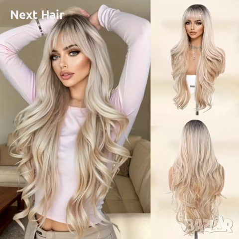 Ефектна 76 см руса перука с омбре преливане и естествени тъмни корени и бретон