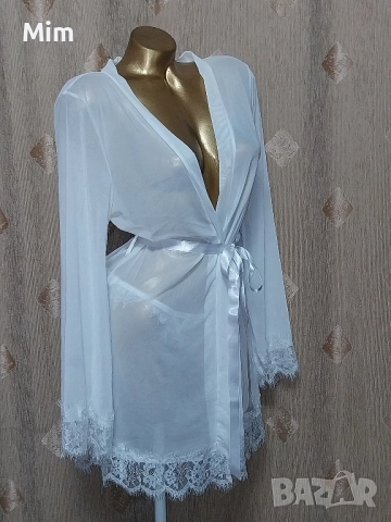 L Бял,халат от прозрачен еластичен тюл с дантела , снимка 4 - Нощници - 51548267