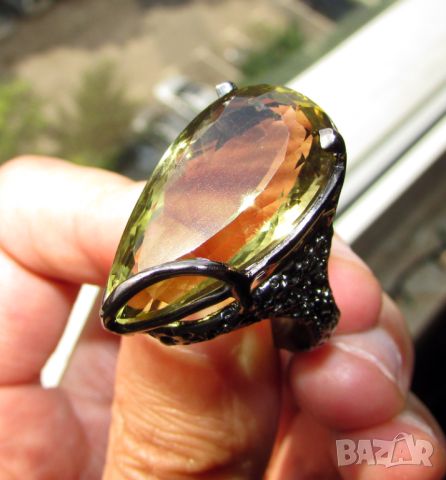 925 сребърен пръстен с лимонов кварц 25 карата, камък 27x15мм, общо тегло 13.2гр., снимка 1 - Пръстени - 46388444