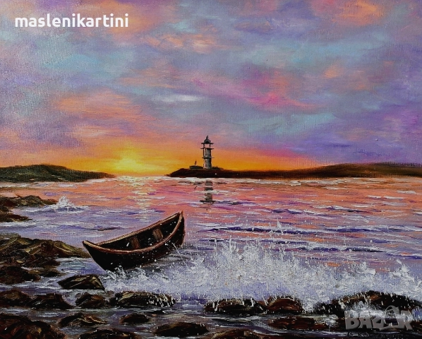 МОРСКИ ИЗГРЕВ И ЛОДКА маслена картина