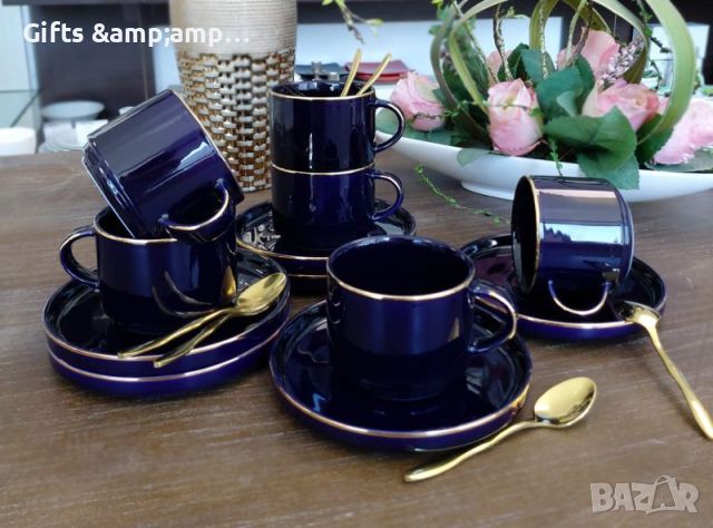 Сервиз за дълго двойно кафе или чай - в тъмно син цвят със златен кант, снимка 1 - Чаши - 45749523