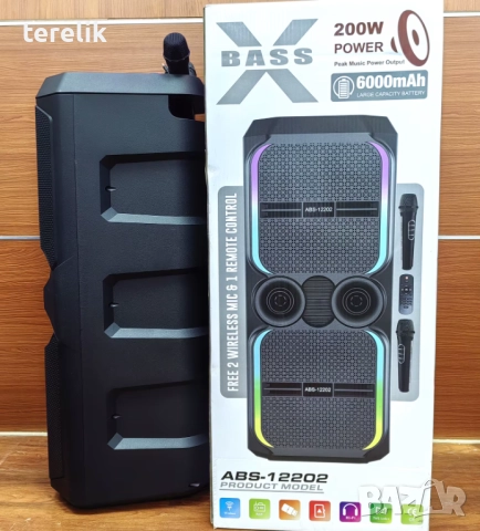 🔊 ABS-12202 – 12”×2 Xbass 200W 6000mah-50лв Професионална караоке тонколона, Bluetooth, 2 микрофонa, снимка 17 - Караоке - 51831232