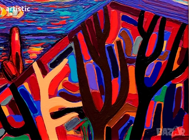 Генко Генков, живописен морски пейзаж с дървета, снимка 5 - Картини - 54044482