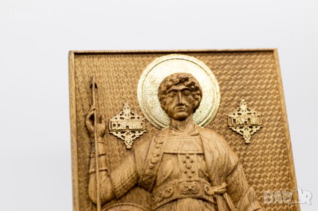 Позлатена релефна икона "Свети Георги Победоносец" от масивен дъб, снимка 5 - Икони - 46006420