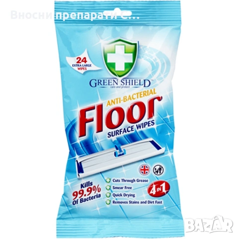 Green Shield Floor Anti-Bacterial Мокри Кърпи за под 24 броя Extra Large 