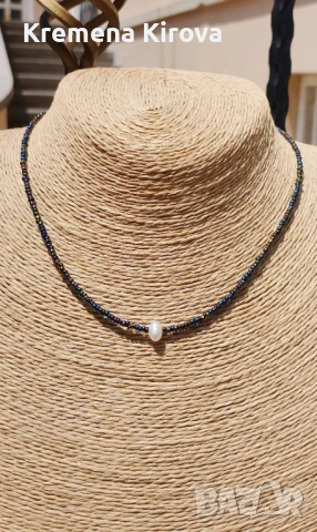 Чокър с перла, чешки мъниста цвят хамелеон и стомана