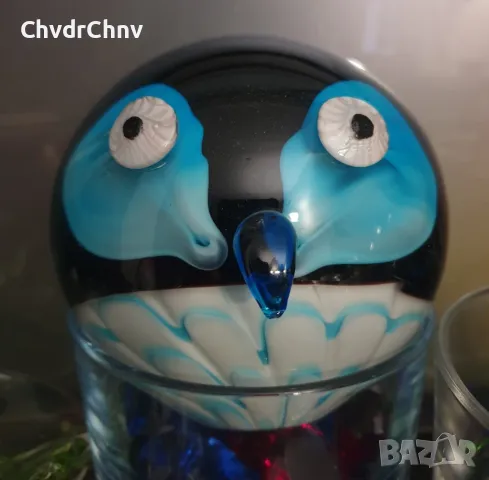 Голяма стъклена топка-фигура на бухал от Мурано стъкло/Murano glass owl 13см, снимка 2 - Статуетки - 47779550