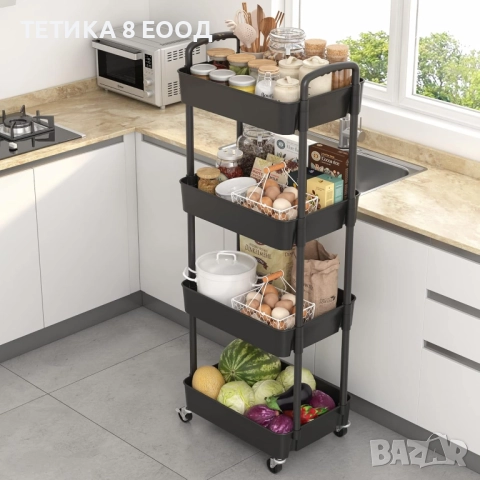 Количка с колела, 4 рафта, 39 x 29 x 104 см, пластмаса/метал, черна, снимка 4 - Етажерки - 52317825