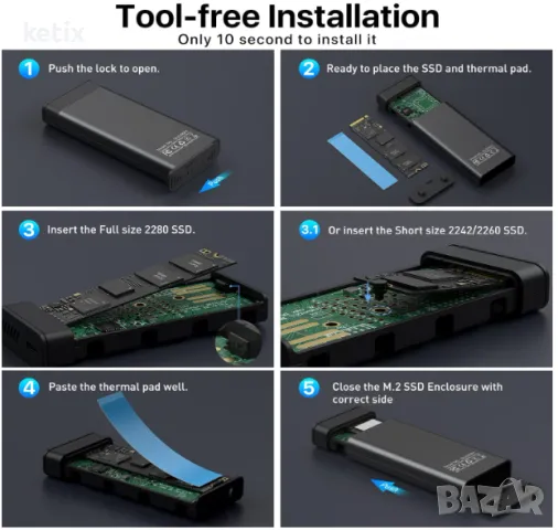 M.2 NVME SSD Enclosure with Cooling Fan, 10 Gbps USB C 3.2 Gen 2 PCIE NVME Adapter, снимка 7 - Друга електроника - 48548596