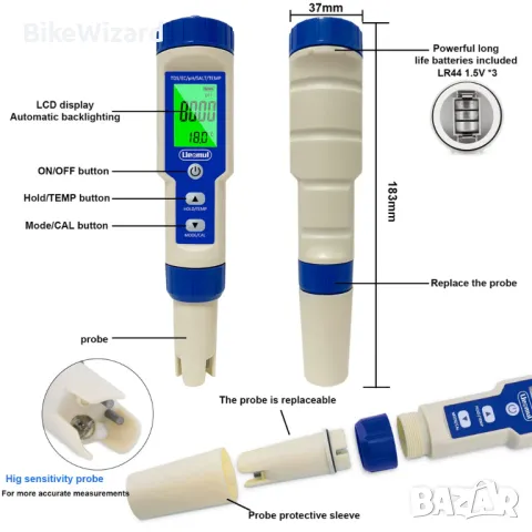 Ueomul Цифров PH метър 5 в 1 TDS EC соленост температура pH тестер  водоустойчив IP67 НОВ, снимка 2 - Други инструменти - 48133910