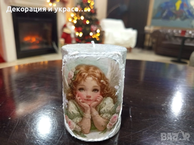 Коледни свещи триптих  на ангелска тематика с декупаж, снимка 9 - Декорация - 52592775