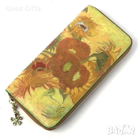 Арт Дамско портмоне от естествена кожа, Цветя Ван Гог, снимка 1 - Портфейли, портмонета - 46374596