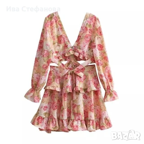 Нова разкошна елегантна рокля флорален принт цветя рязана в талията , снимка 7 - Рокли - 49380226