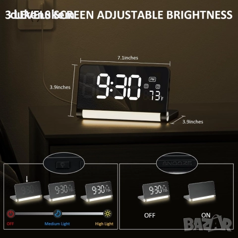 Дигитален будилник – голям дисплей, 3-цветна нощна лампа, 2 аларми, температура, снимка 4 - Други - 52491012