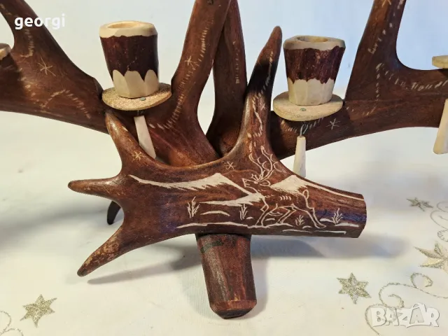 гравиран свещник от еленов рог уникат     25/4, снимка 2 - Декорация за дома - 50144699