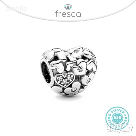 Талисман Fresca по модел тип Пандора Pandora сребро 925 Sparkling Openwork Heart. Колекция Amélie, снимка 1 - Гривни - 38576658