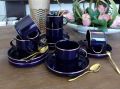 Сервиз за дълго двойно кафе или чай - в тъмно син цвят със златен кант, снимка 1 - Чаши - 45749523