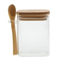 Стъклен квадратен буркан с бамбукова лъжичка и бамбуков капак със силиконово уплътнение,10,5х10см , снимка 2 - Аксесоари за кухня - 45525816