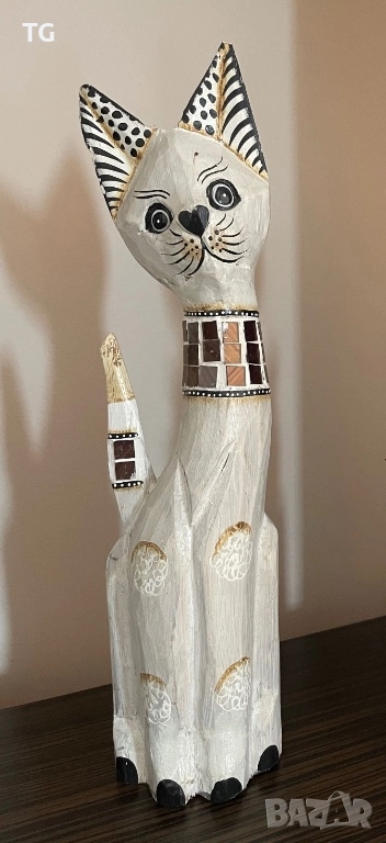Бяла декоративна дървена котка , снимка 1