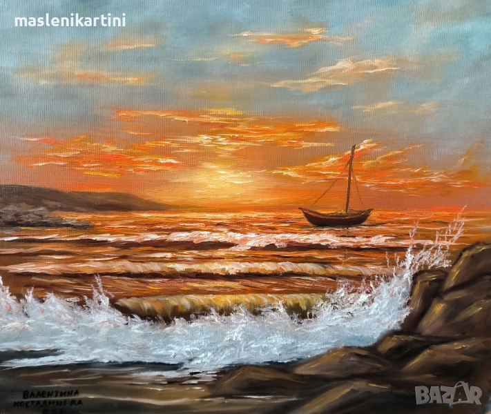 МОРСКИ ЗАЛЕЗ И ЛОДКА маслена картина , снимка 1