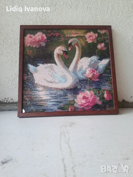 Диаманген гоблен лебеди-готов и рамкиран, снимка 1