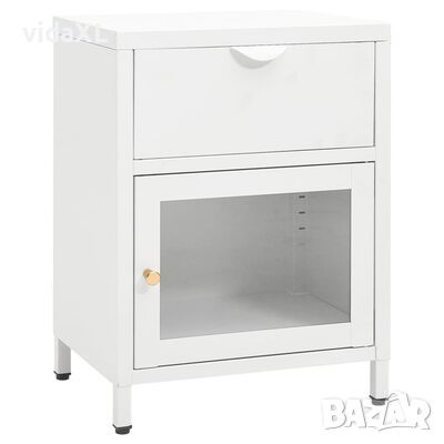 vidaXL Нощно шкафче, бяло, 40x30x54,5 см, стомана и стъкло（SKU:336053, снимка 1