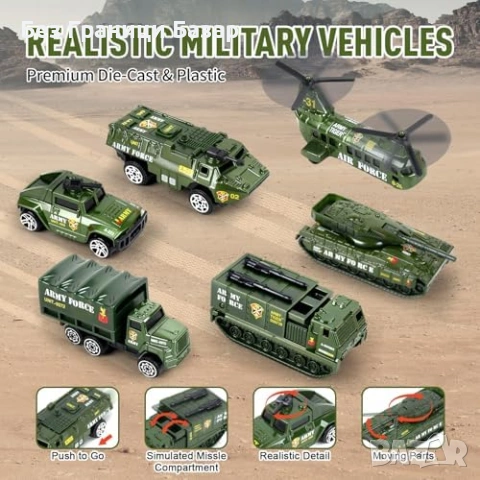 Нов Военен танк играчка + хеликоптер и камион, 6 метални мини коли, 10 войници, снимка 7 - Образователни игри - 53534227