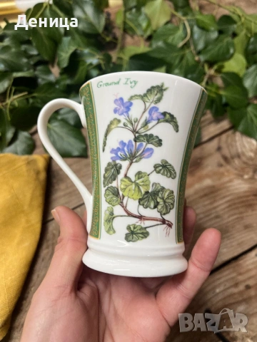 Чаша за чай от фин костен порцелан Crown Trent с ботаническа илюстрация „Ground Ivy“.  , снимка 6 - Чаши - 53311155