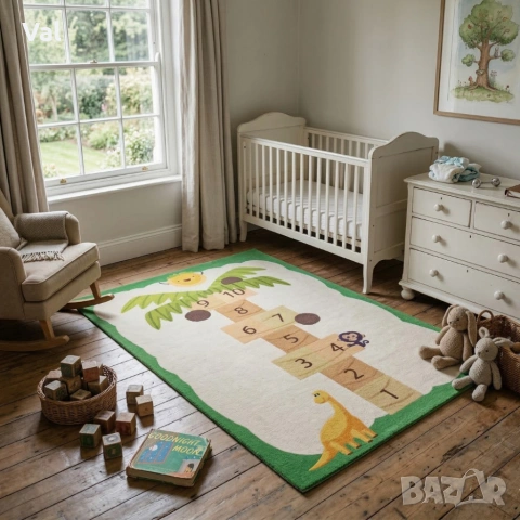 Детски килим за игра 120х160см - Бял килим с динозавър и дама-палма, противоплъзгащ и миещ се, снимка 3 - Килими - 53932068