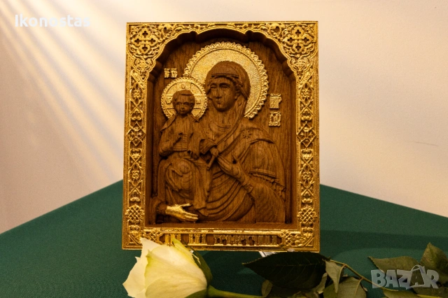 Релефна православна икона на Дева Мария Троеручица – позлатена, снимка 6 - Икони - 53223187
