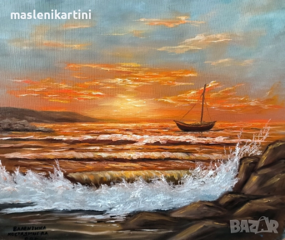МОРСКИ ЗАЛЕЗ И ЛОДКА маслена картина 