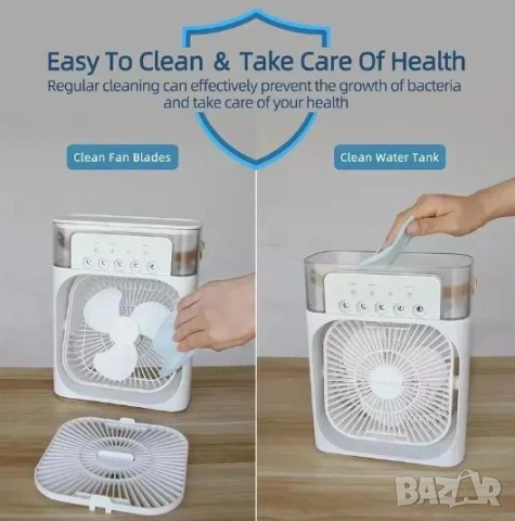 3в1 Портативен Климатик Охладител USB Воден Вентилатор с Охлаждане 3х Режим Мъгла 3х Скорости 5хLEDs, снимка 9 - Климатици - 53807476