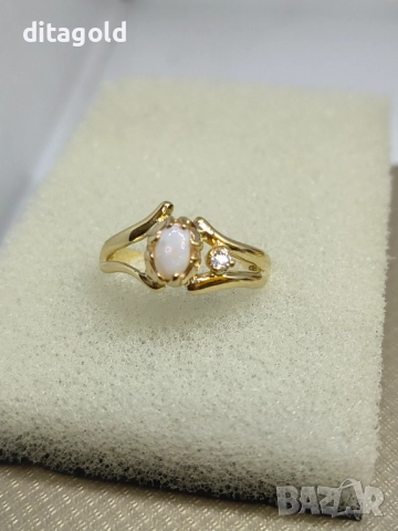 Нов 14К златен пръстен с естествени опал и бял топаз, 2.67 гр 480 лв, снимка 4 - Пръстени - 51578740