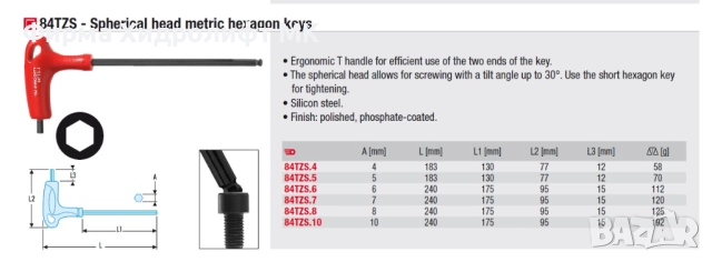 FACOM 84TZS Ключ шестограм сферичен с Г-образна дръжка - различни размери и цени, снимка 3 - Други инструменти - 31551058
