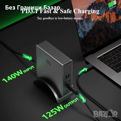 Нова USB-C докинг станция 9 в 1 8K HDMI + 2x DP 125W PD Ethernet адаптер, снимка 3 - Друга електроника - 53463583
