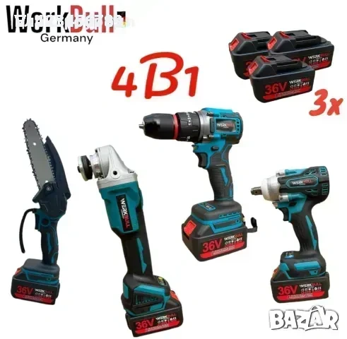 4 в1 Комплект Акумулаторен трион 16 см шина, ъглошлайф 125ММ, гайковерт винтоверт 36V 3 бр. батерии 
