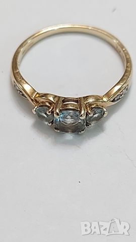 златен пръстен с диаманти и аквамарини, снимка 1 - Пръстени - 45784964