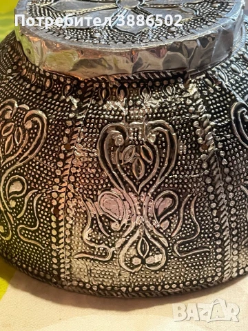 Ръчно изработена декоративна купа от дърво с метална облицовка (не се влияе от магнит), снимка 4 - Антикварни и старинни предмети - 50856346