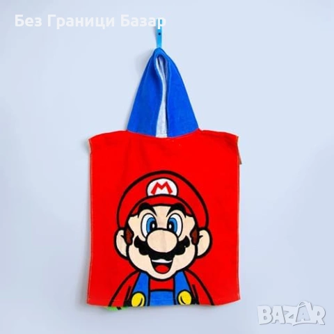 Нова Детска кърпа пончо с качулка Super Mario за плаж и баня 55x50 см анимационен герой, снимка 3 - Други - 54108017