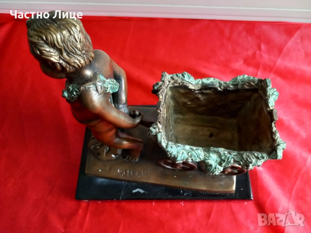 Jacques Bousseau Стара Бронзова Статуетка Херувим с Количка, снимка 6 - Антикварни и старинни предмети - 52489251