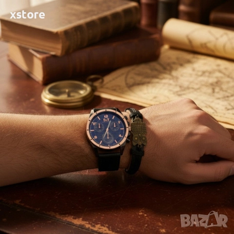 Мъжки часовник S&T Seek Time с кожена гривна – подаръчен комплект, снимка 3 - Мъжки - 52790940