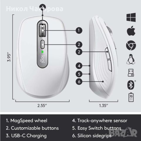Безжична мишка Logitech - MX Anywhere 3, светлосива, снимка 5 - Клавиатури и мишки - 45753970